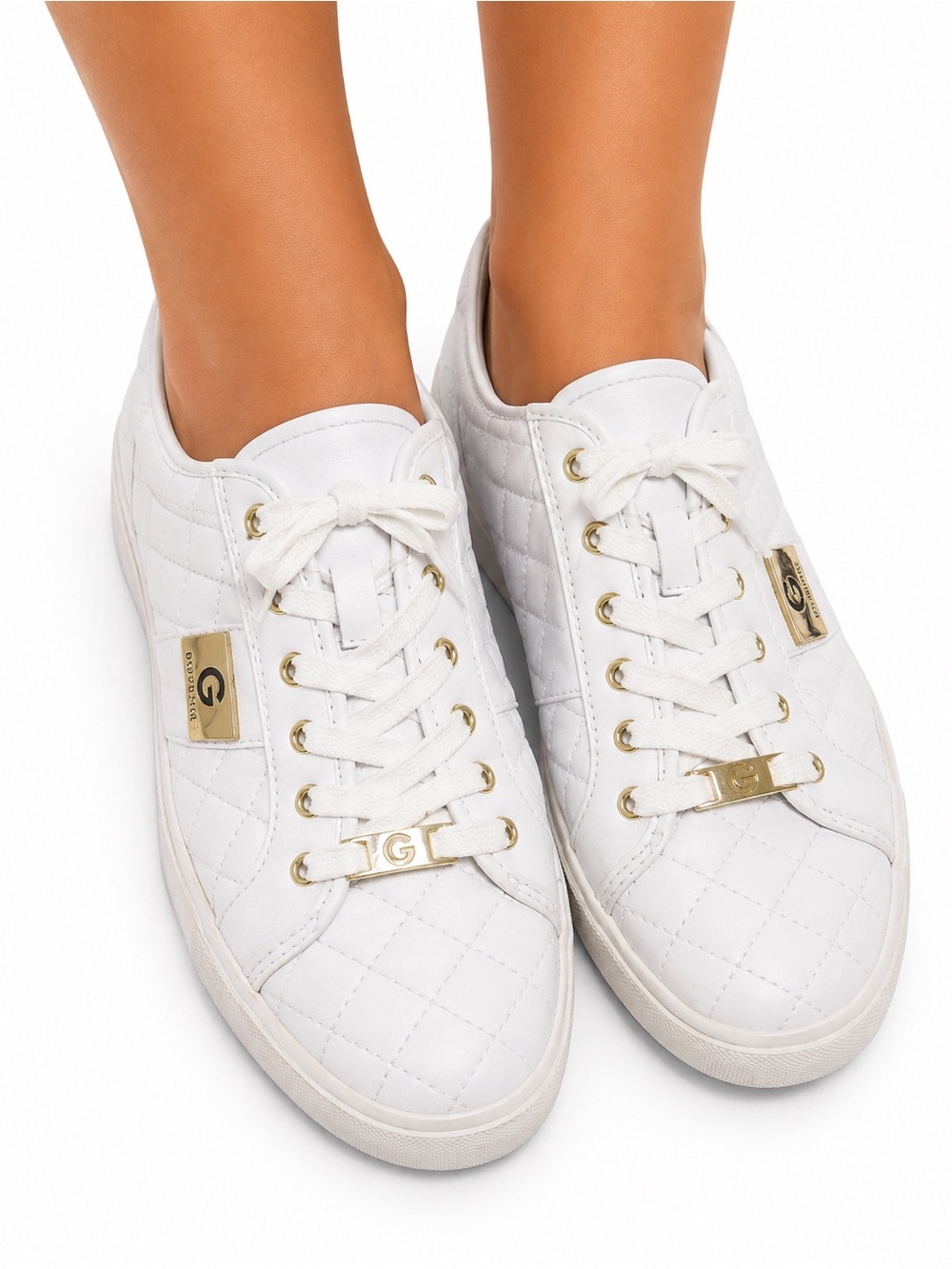 Guess White Quilted Sneakers with Gold Hardware